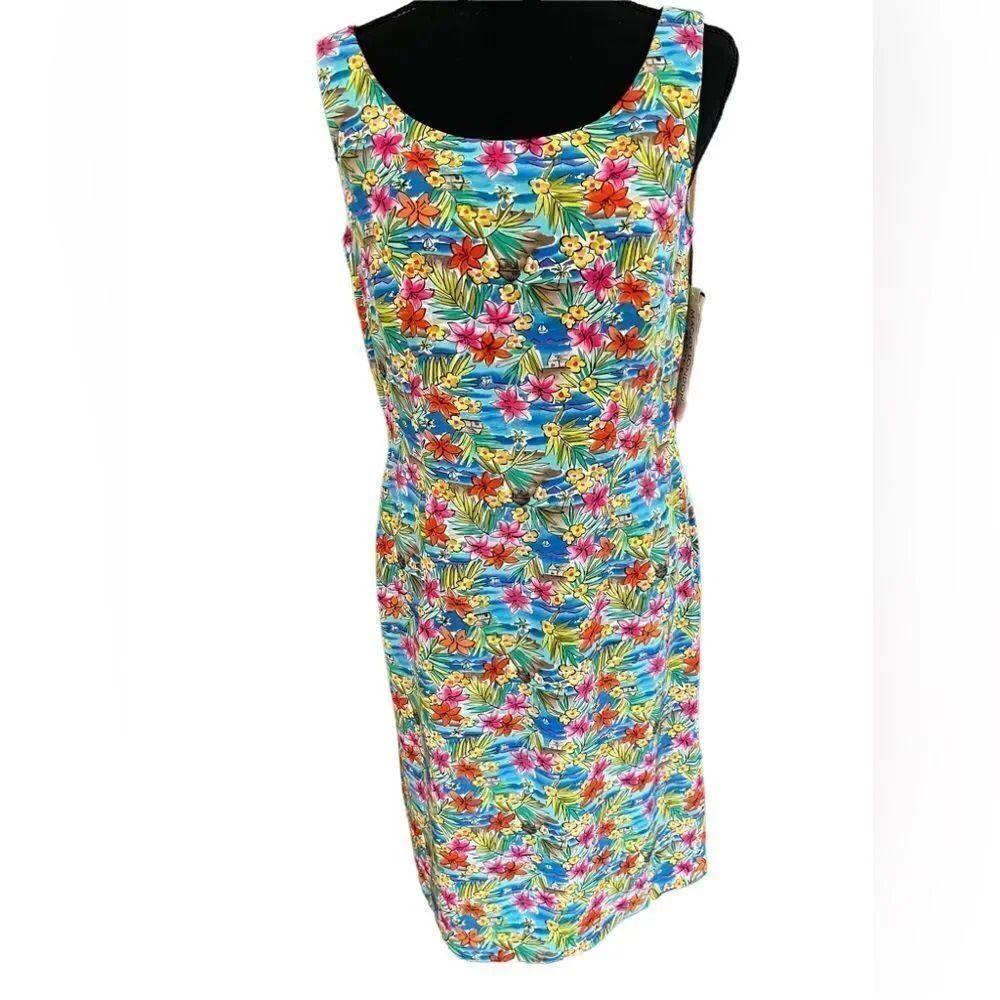 New with tags Maggie London 100% silk sleeveless tropical print sheath dress